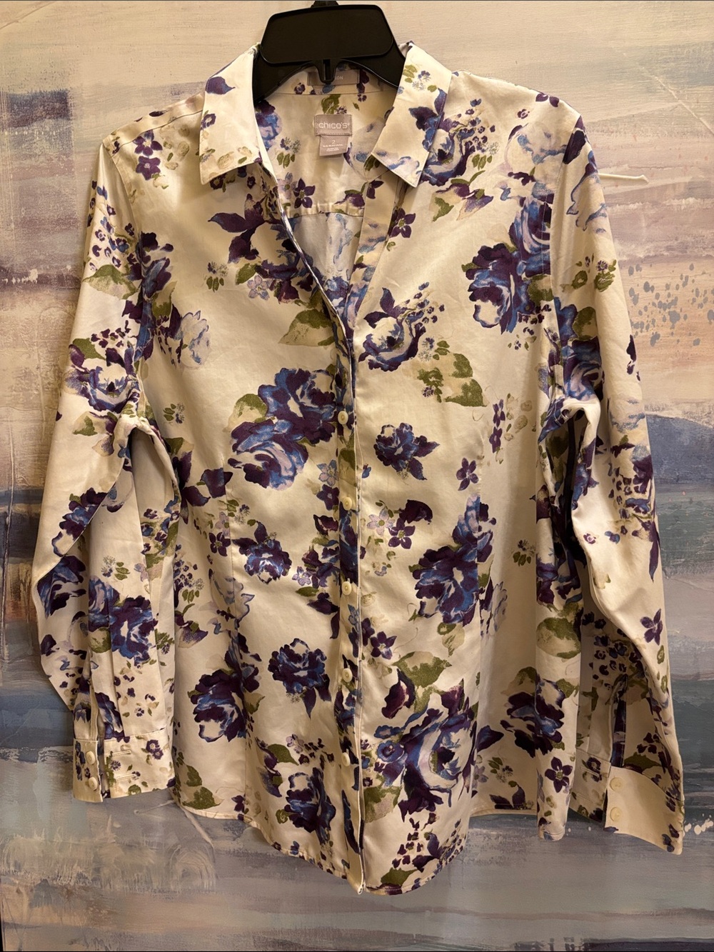 Chico's Cream Button-Down Shirt with Blue & Purple Floral Print